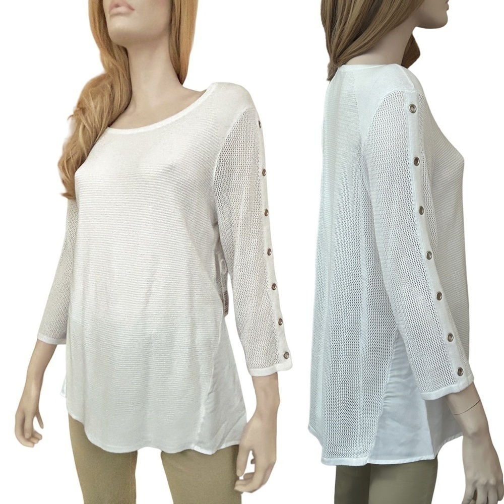 Tribal Sweater Pullover Top Grommets Hi Low Rounded Hemline Cotton Viscose Rayon